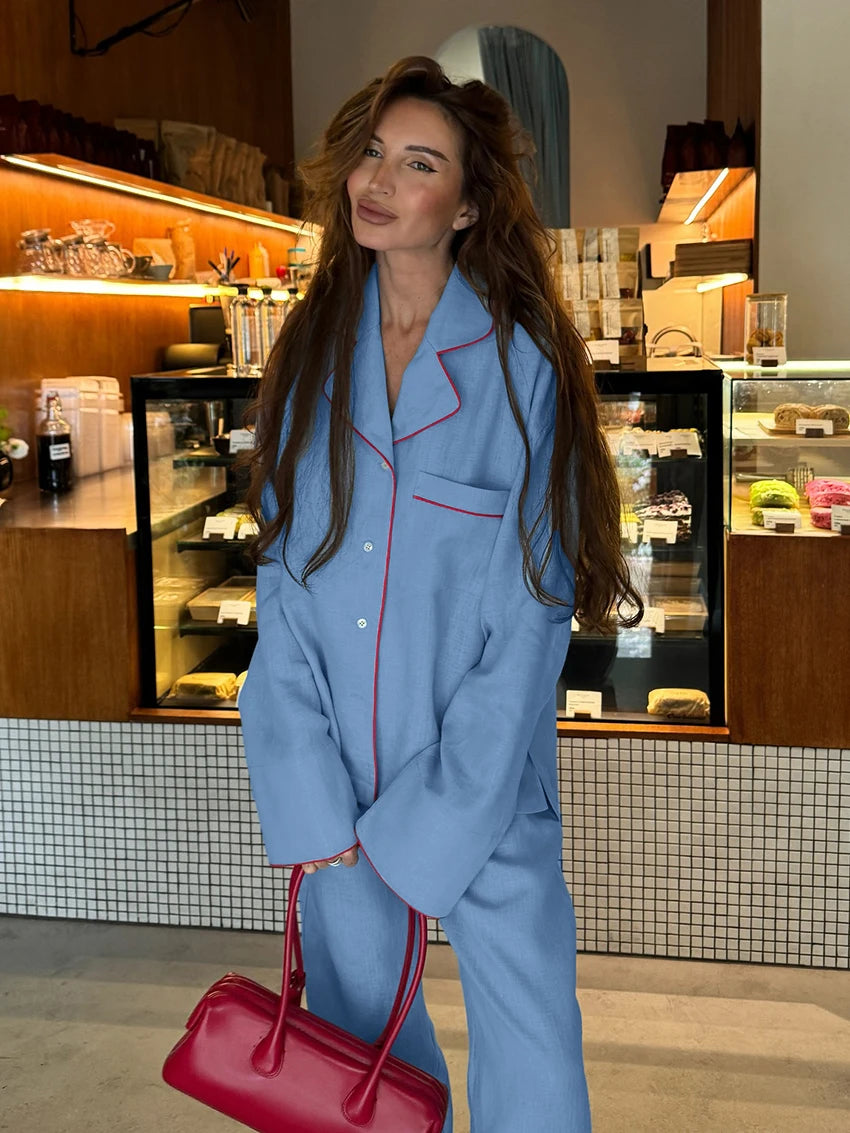 Cotton Blue Pajama Set for Women – Long Sleeve Button-Down Sleepwear with Pants