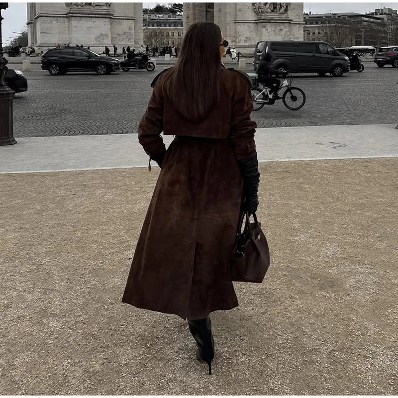 Brown Suede Long Overcoat for Women – Single Breasted Chic Autumn Outerwear