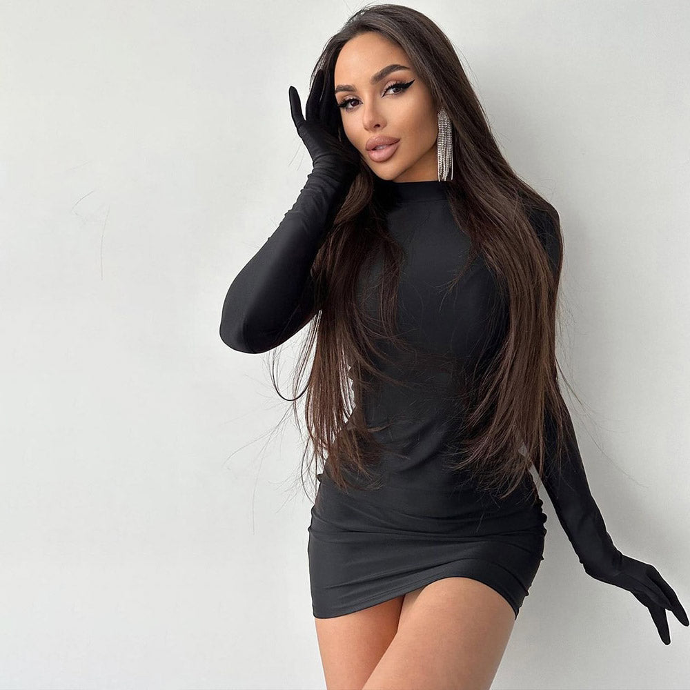 CASSY SOLID LOND SLEEVE MINI DRESS with GLOVES