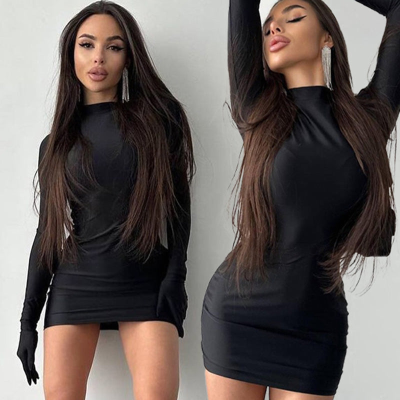 CASSY SOLID LOND SLEEVE MINI DRESS with GLOVES