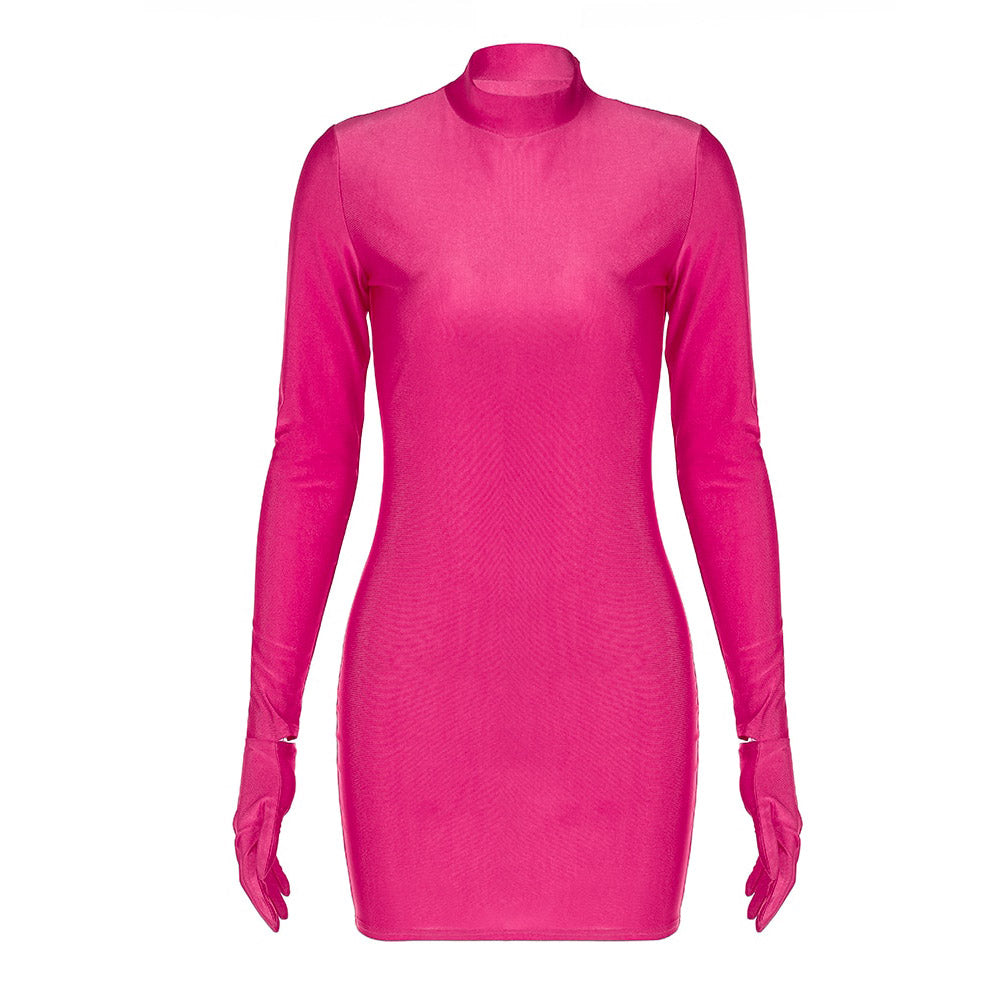 CASSY SOLID LOND SLEEVE MINI DRESS with GLOVES