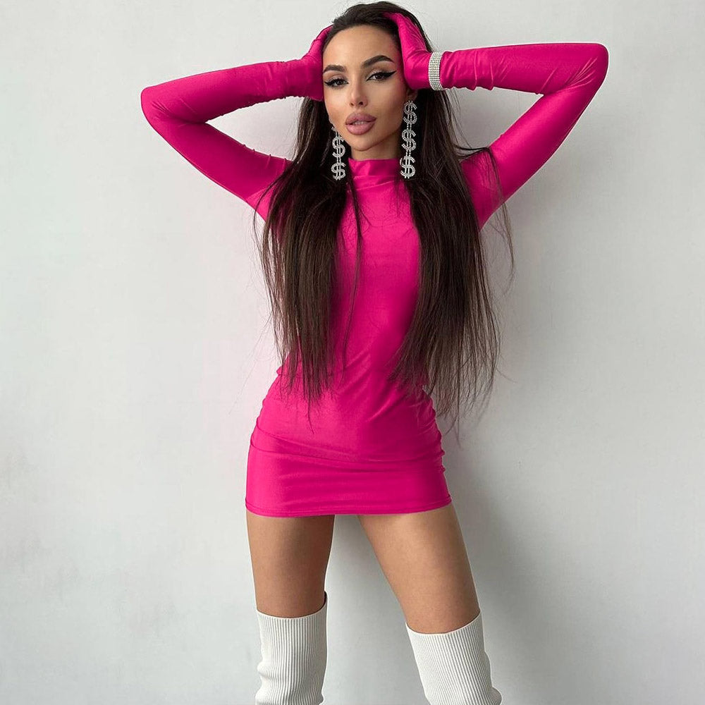 CASSY SOLID LOND SLEEVE MINI DRESS with GLOVES