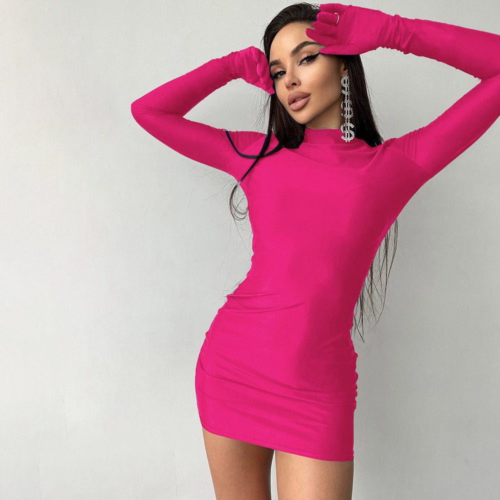 CASSY SOLID LOND SLEEVE MINI DRESS with GLOVES