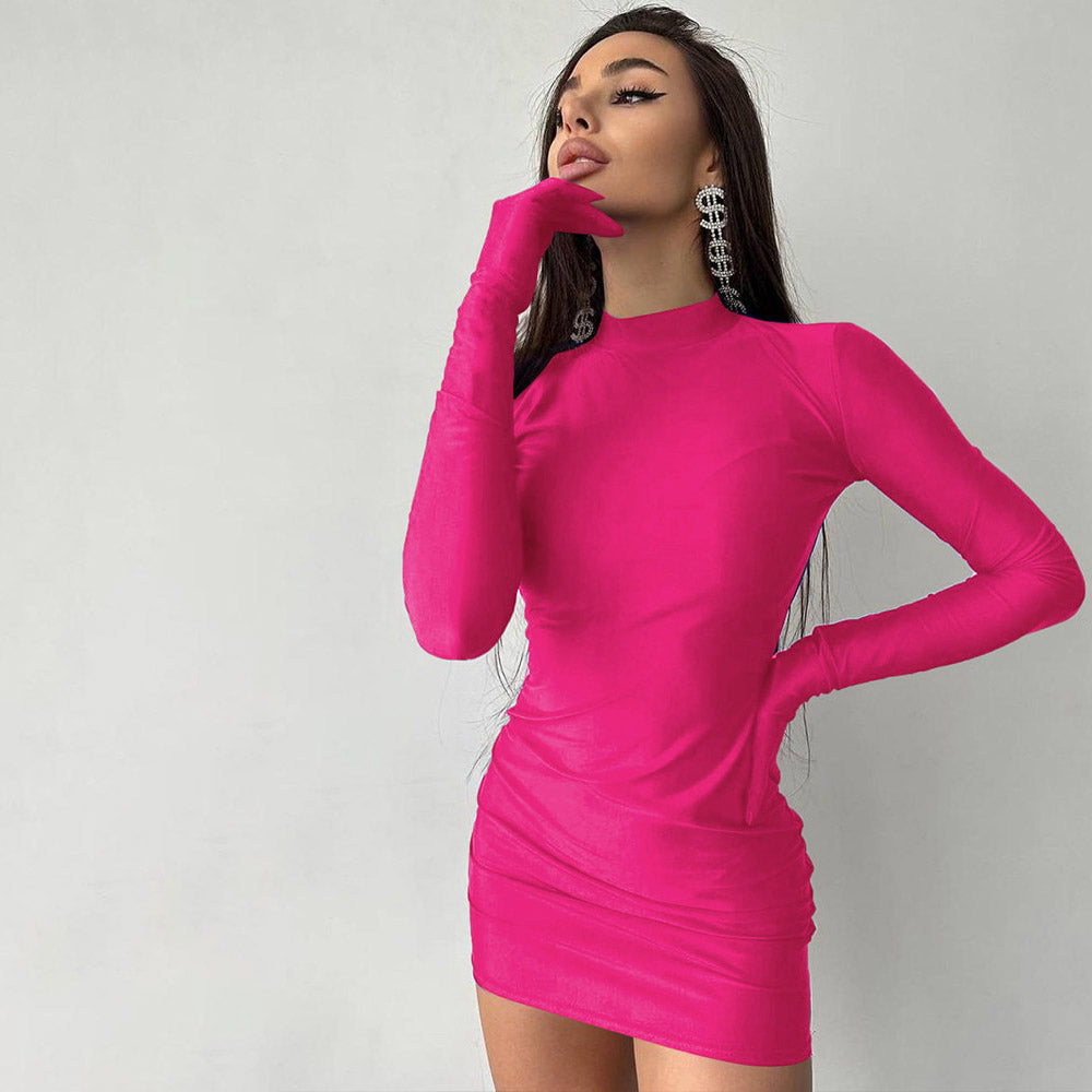 CASSY SOLID LOND SLEEVE MINI DRESS with GLOVES