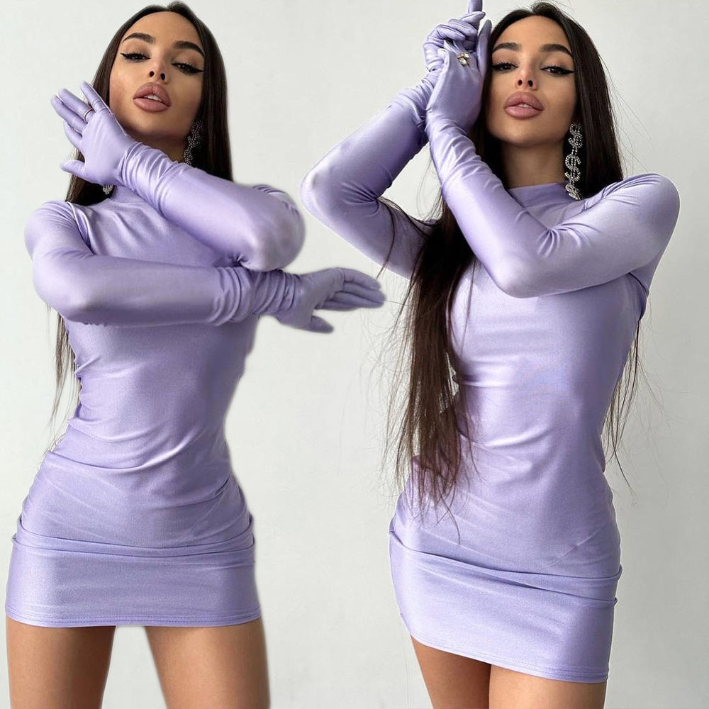 CASSY SOLID LOND SLEEVE MINI DRESS with GLOVES