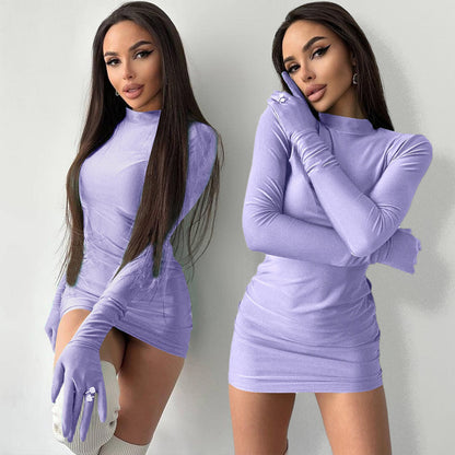 CASSY SOLID LOND SLEEVE MINI DRESS with GLOVES