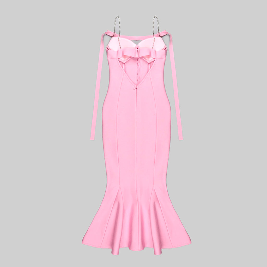 ARI PINK FRILLED BOTTOM BODYCON MIDI DRESS