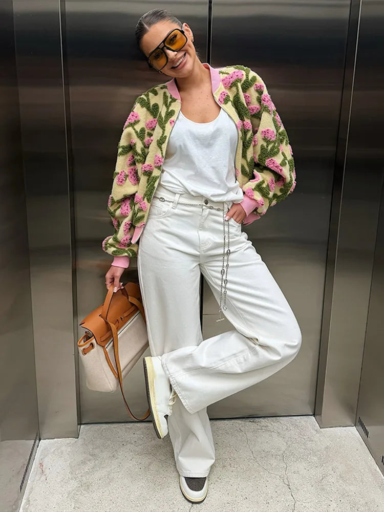 3D Floral Bomber Jacket for Women – Oversized Zip-Up Spring Statement Outerwear