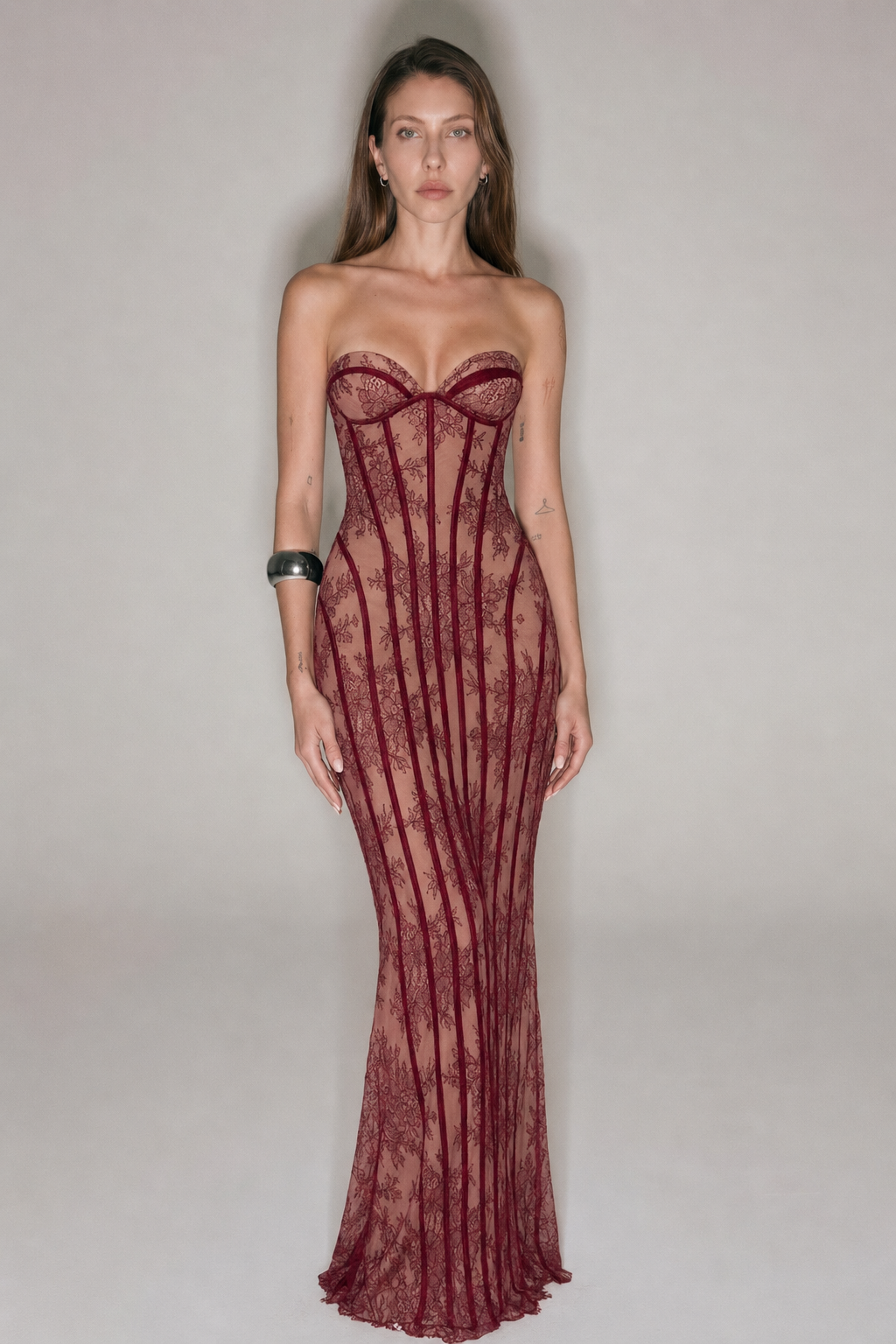 Sheer Lace Strapless Corset Maxi Dress Black and Burgundy Evening Go CTRL N U I T Sheer Lace Strapless Corset Maxi Dress Black and Burgundy Evening Go CTRL N U I T