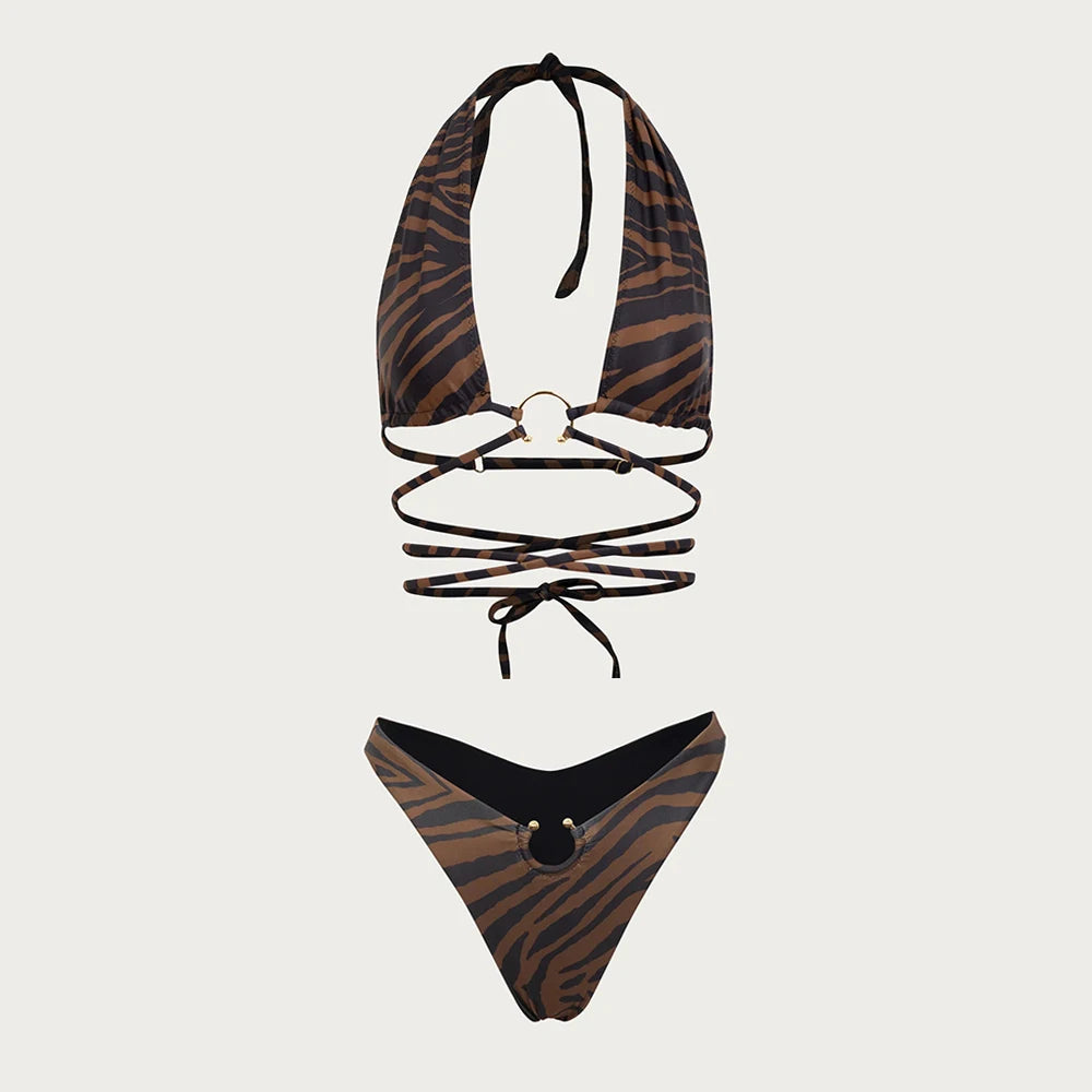 Tiger Print Halter Micro Bikini Set for Women – Wrap String Brazilian Swimwear