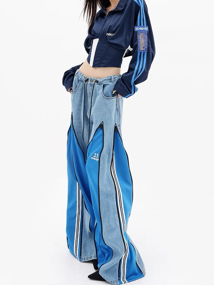 Streetwear Y2K style blue denim trousers with zippers
