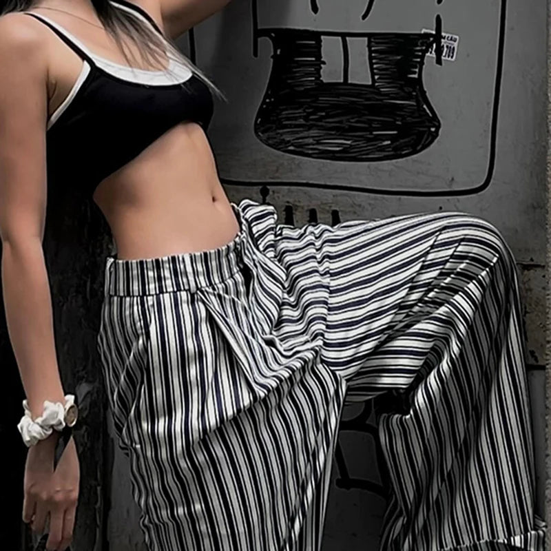 Striped Low Waist Wide Leg Trousers for Women | Vintage Streetwear Summer Pants