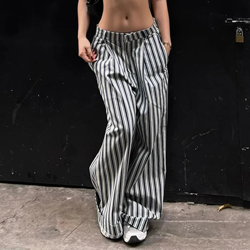 Striped Low Waist Wide Leg Trousers for Women | Vintage Streetwear Summer Pants