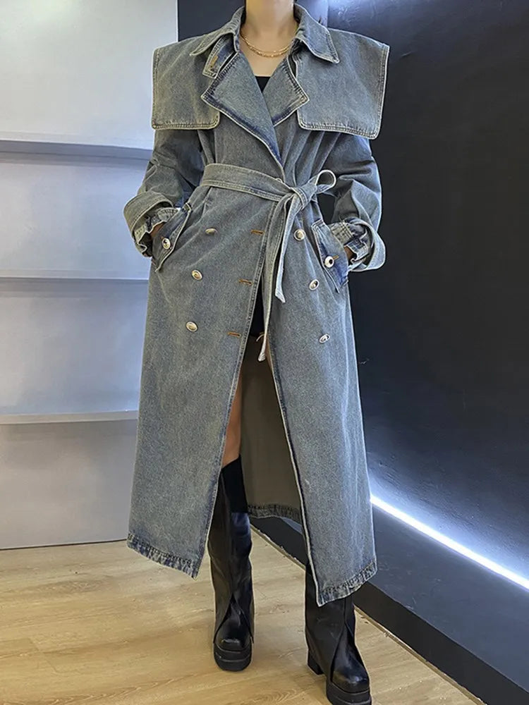 Denim Trench Coat with Belt – Women’s Long Denim Trench Coat