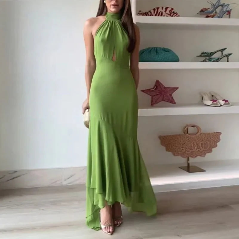 Green Halter Neck Ruffle Long Dress – Elegant Backless Slim Fit Summer Party Maxi Dress