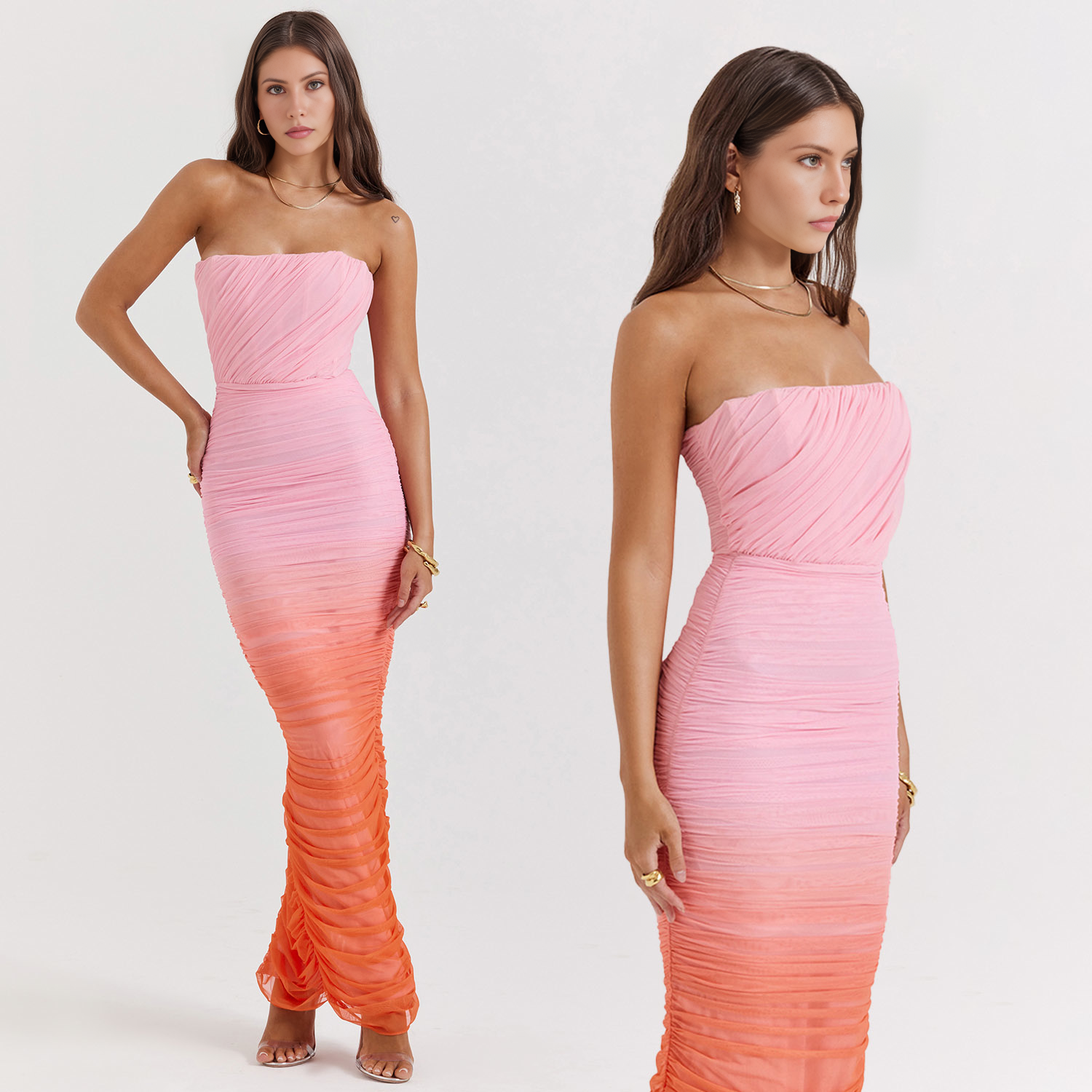 Side view of ombre pink to orange strapless maxi dress with slit