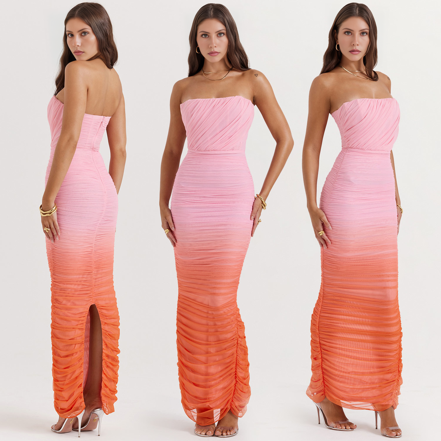 Strapless pink orange gradient ruched bodycon maxi dress