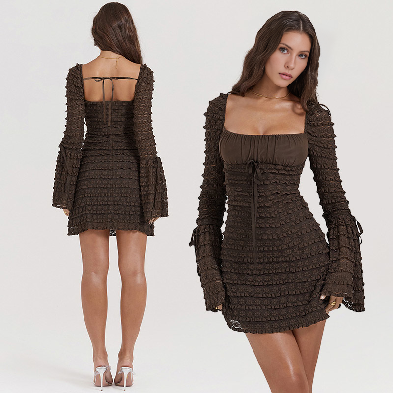 Front view of brown layered mini dress with flared sleeves