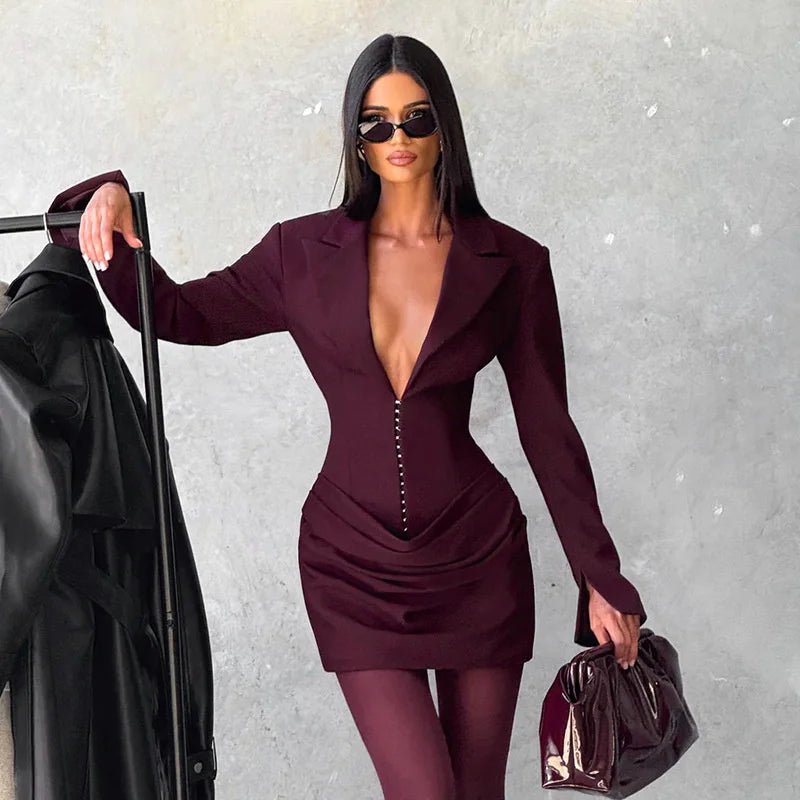 Tailored burgundy blazer mini dress with long sleeves and gathered waist detailing
