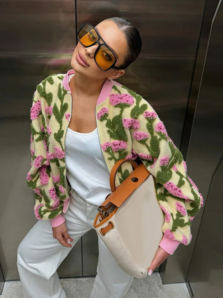 3D Floral Bomber Jacket for Women – Oversized Zip-Up Spring Statement Outerwear