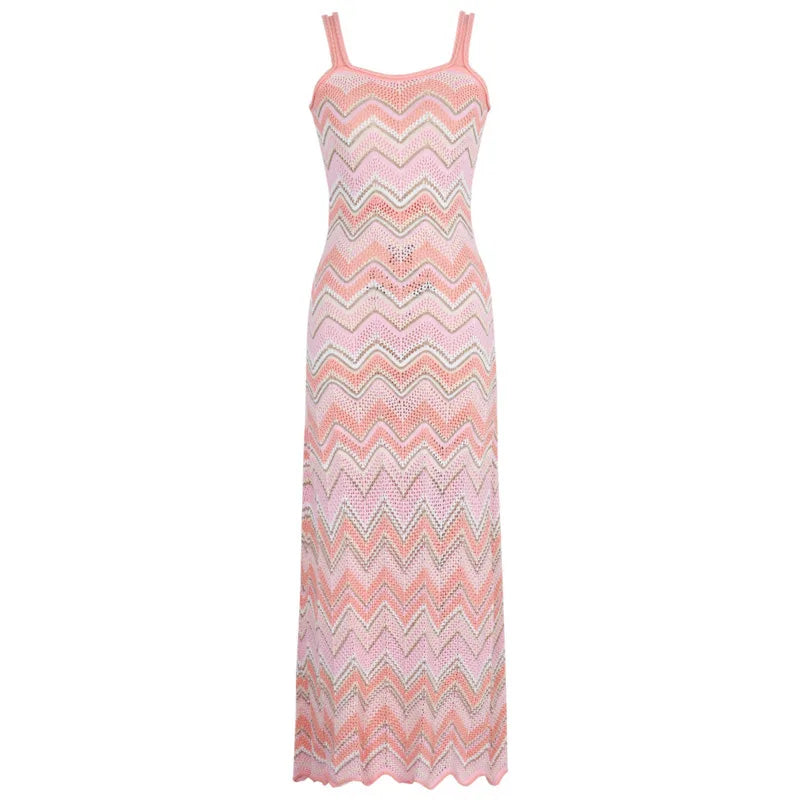 Pink Zigzag Knit Co-Ord Set – Sleeveless Top, Cardigan & Wide-Leg Pants