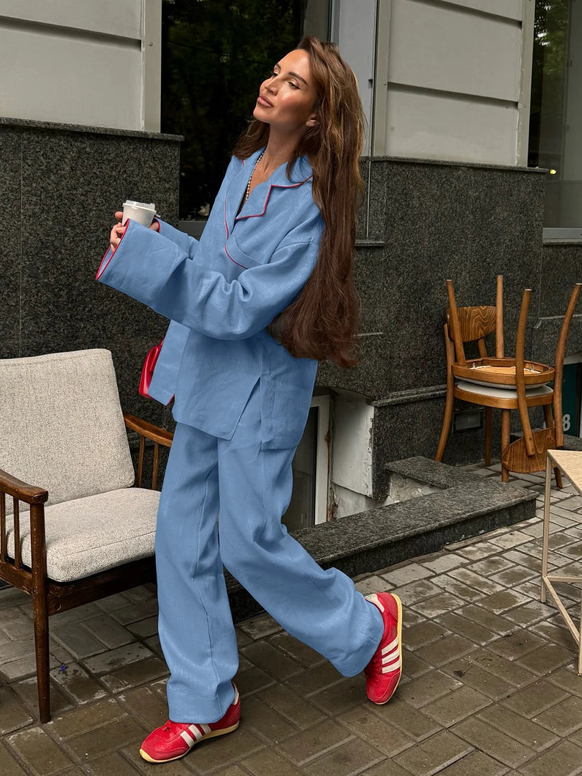 Cotton Blue Pajama Set for Women – Long Sleeve Button-Down Sleepwear with Pants