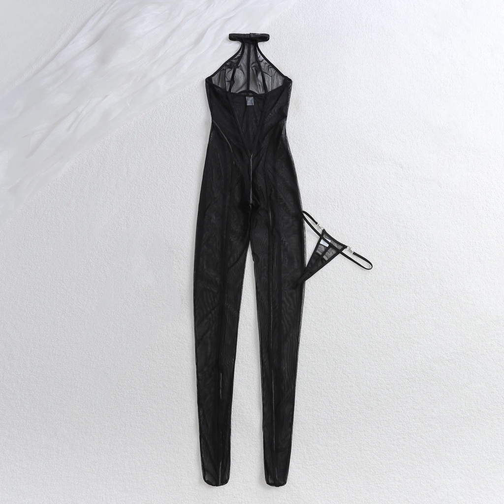 Vertical striped sheer jumpsuit in black with sculpting slim-fit design
