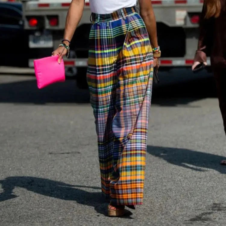 MULTI-COLORED PLAID HIGH WAIST PANTS