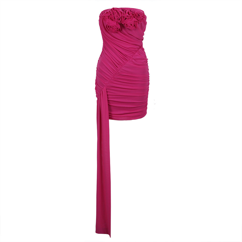 JUNLY PINK RUCHED MINI DRESS with TRAIN and FLOWER BOWS