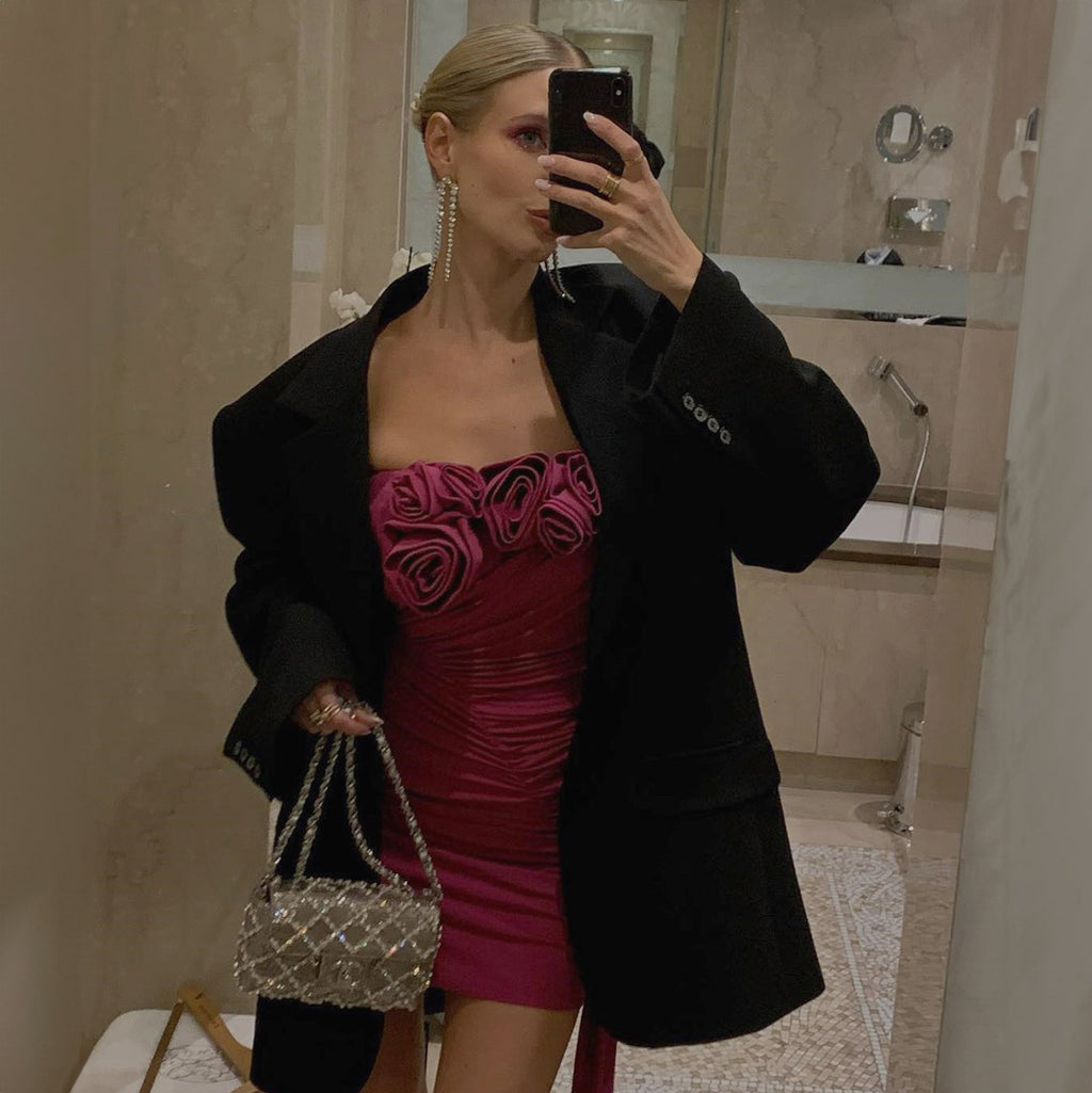 JUNLY PINK RUCHED MINI DRESS with TRAIN and FLOWER BOWS
