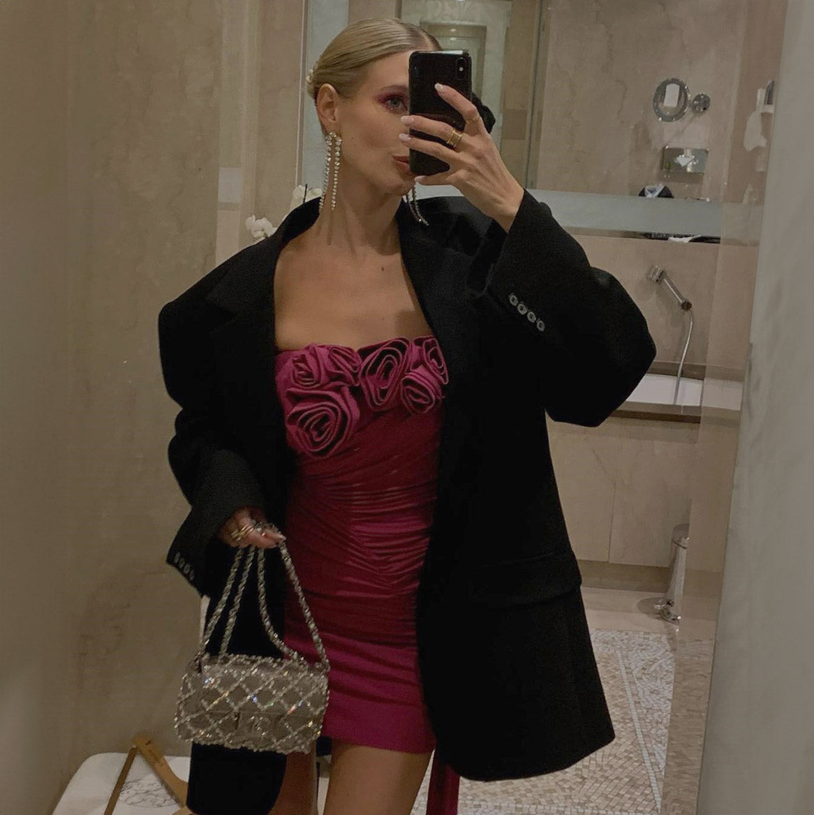 JUNLY PINK RUCHED MINI DRESS with TRAIN and FLOWER BOWS