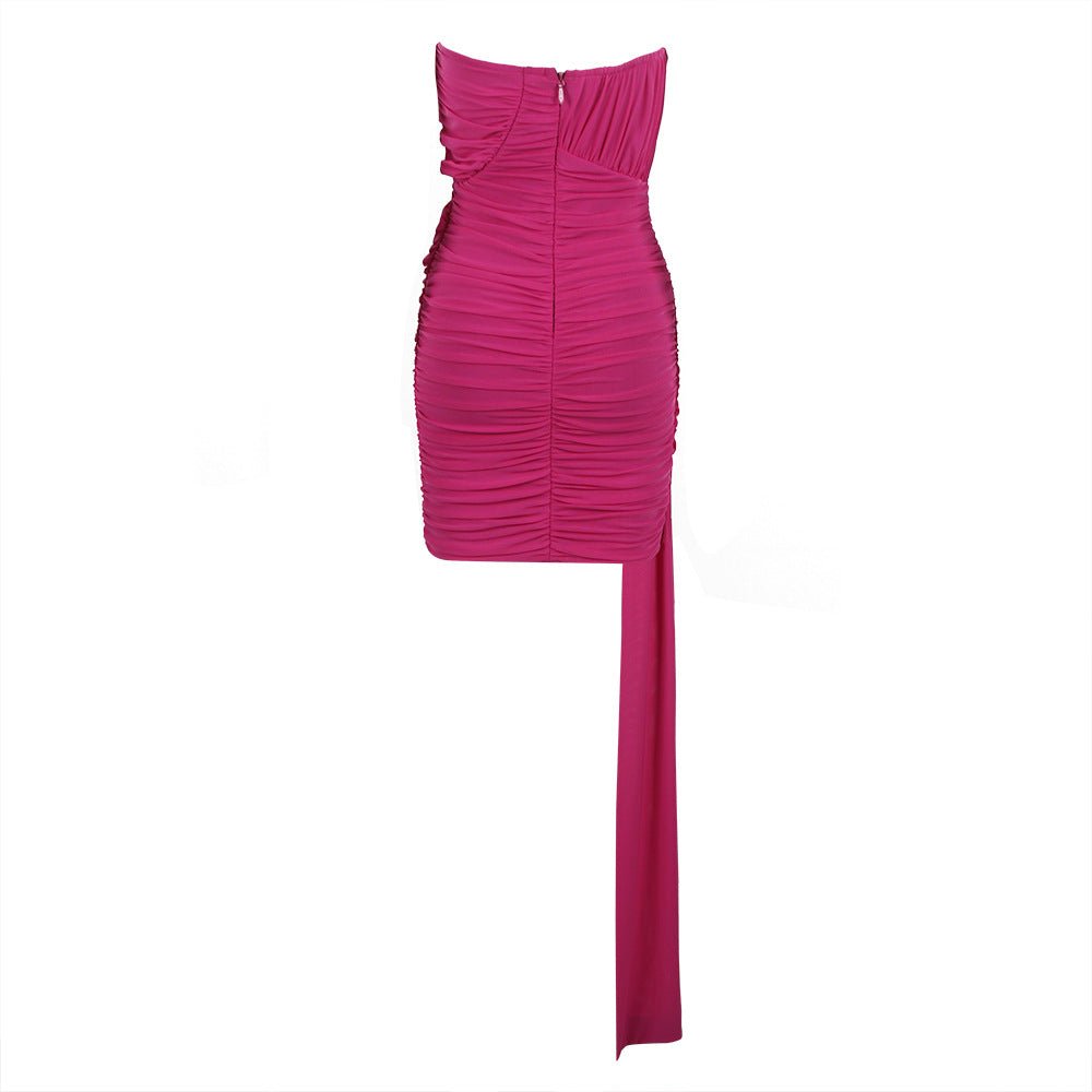 JUNLY PINK RUCHED MINI DRESS with TRAIN and FLOWER BOWS