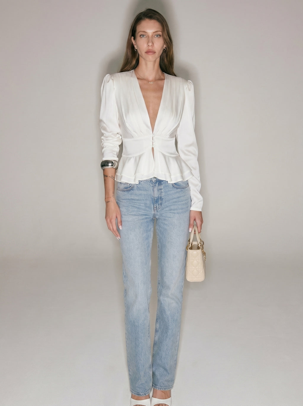 Women’s Satin Peplum Blouse - Deep V Neck Puff Sleeve Waist Cinching Top