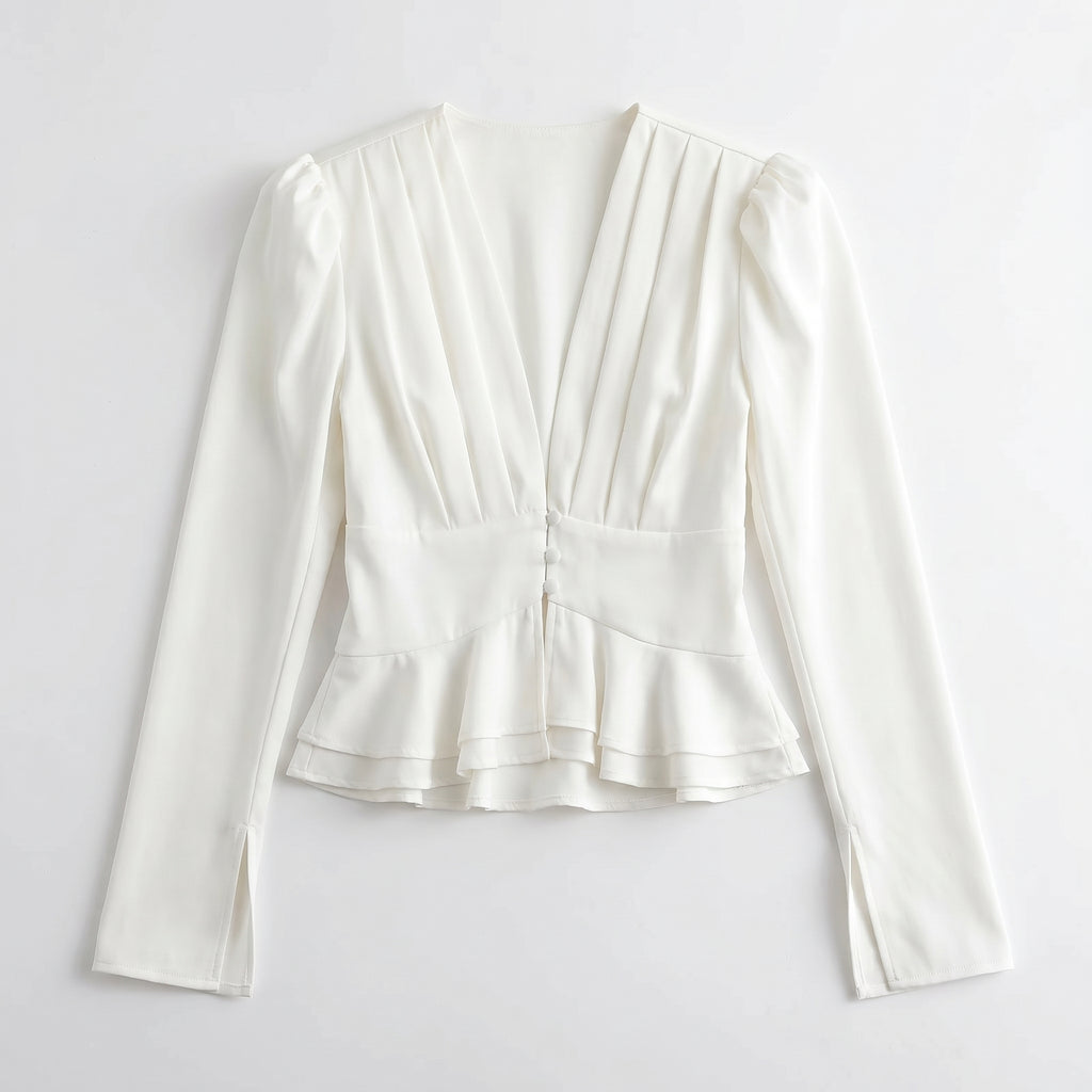 Women’s Satin Peplum Blouse - Deep V Neck Puff Sleeve Waist Cinching Top
