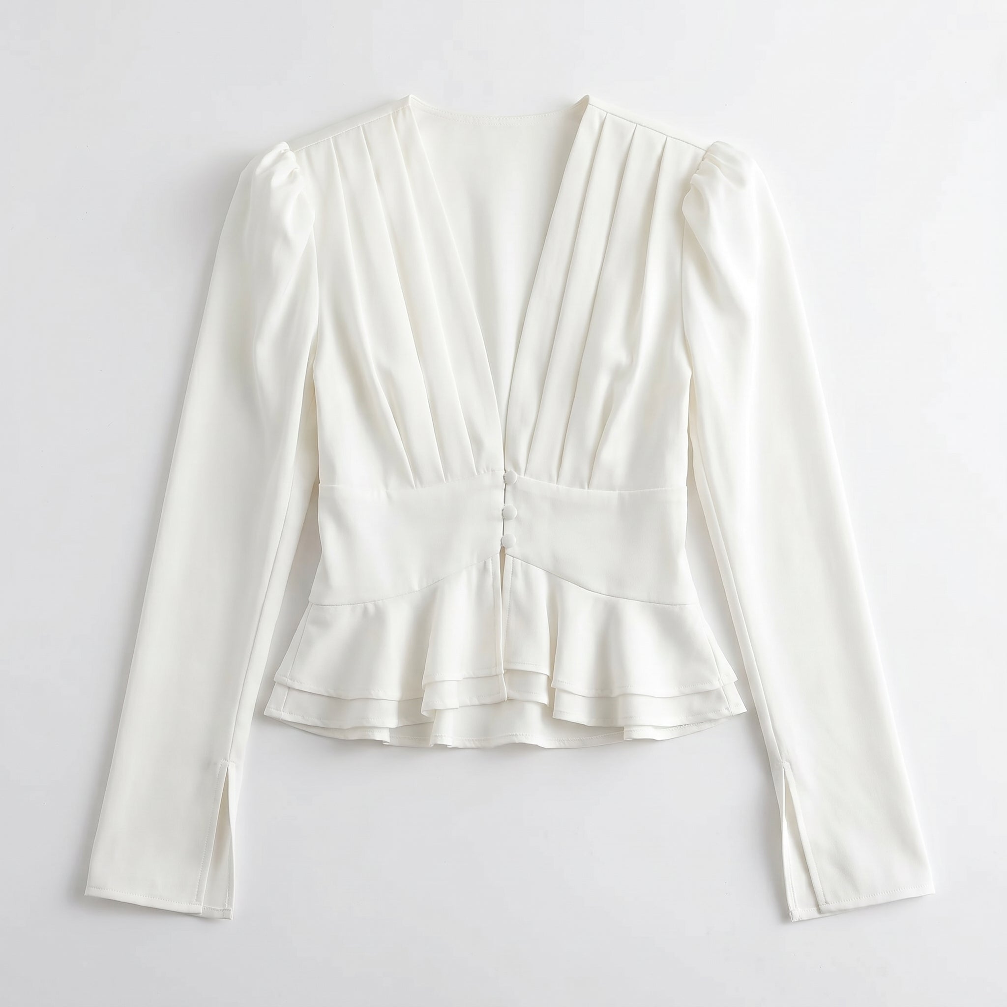 Women’s Satin Peplum Blouse - Deep V Neck Puff Sleeve Waist Cinching Top