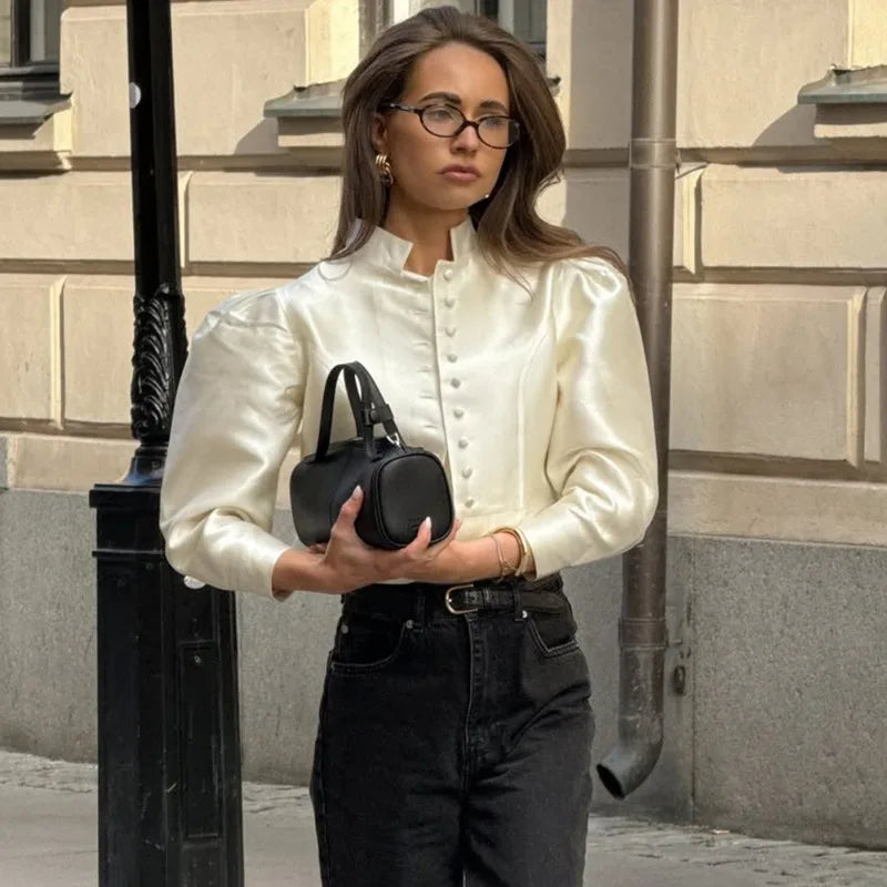 Elegant Puff Sleeve Button Jacket for Women – High Street Cropped Blazer Top in White, Black & Brown | Luxury Party & Chic Officewear