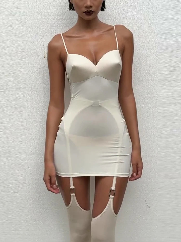 White Mini Dress with Matching Stockings for Women – Backless V Neck Bodycon Party Set