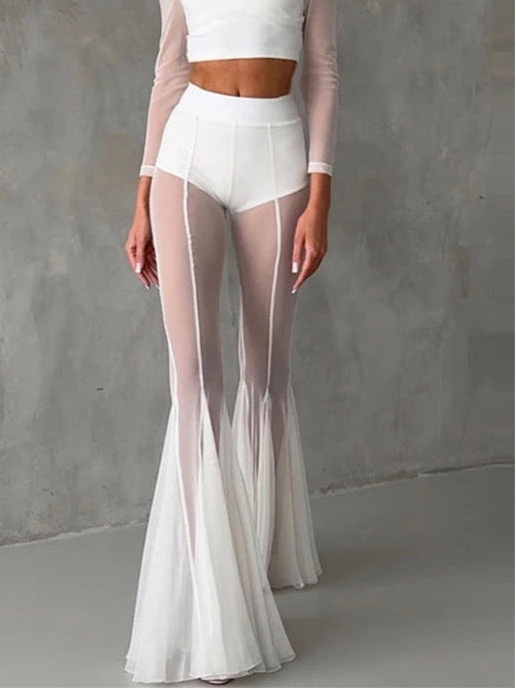 White sheer flared pleated trousers with high waist and wide leg design