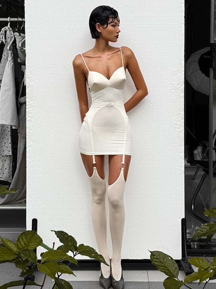 White Mini Dress with Matching Stockings for Women – Backless V Neck Bodycon Party Set