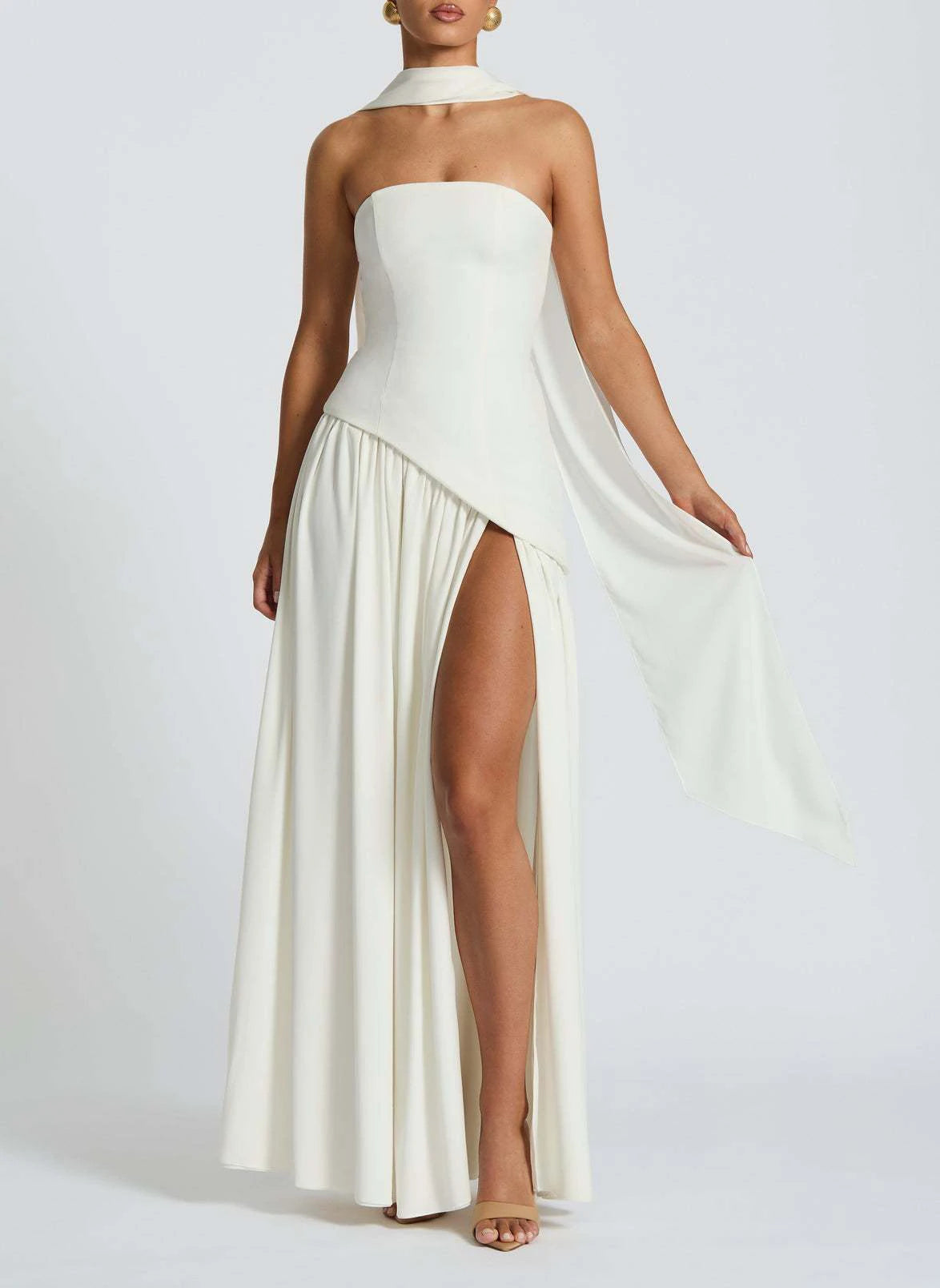 Strapless Pleated Maxi Dress with Scarf Detail and High Slit for Women