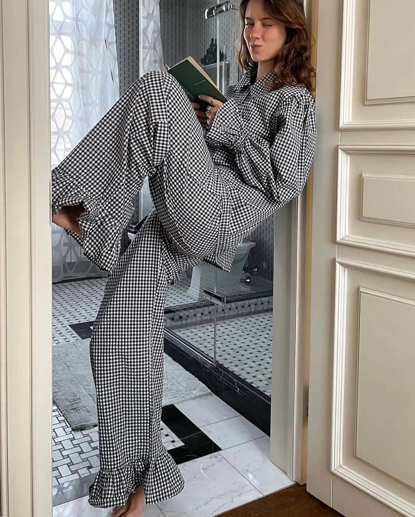 Plaid Two Piece Set with Oversized Shirt and Wide Leg Pants – Women’s Matching Set