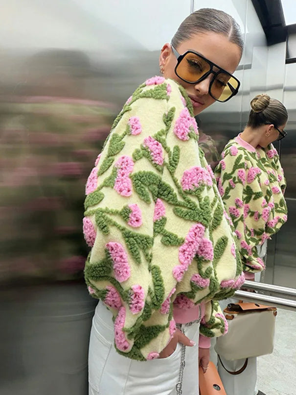 3D Floral Bomber Jacket for Women – Oversized Zip-Up Spring Statement Outerwear