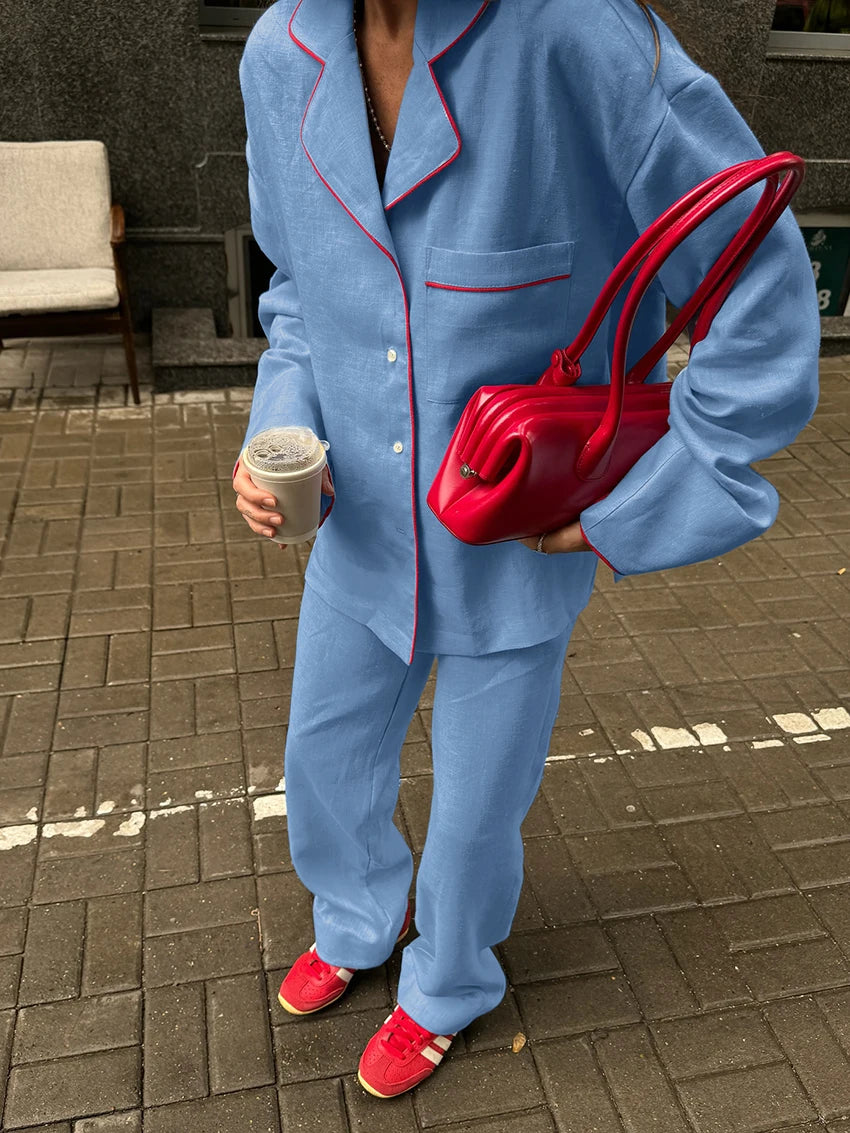 Cotton Blue Pajama Set for Women – Long Sleeve Button-Down Sleepwear with Pants