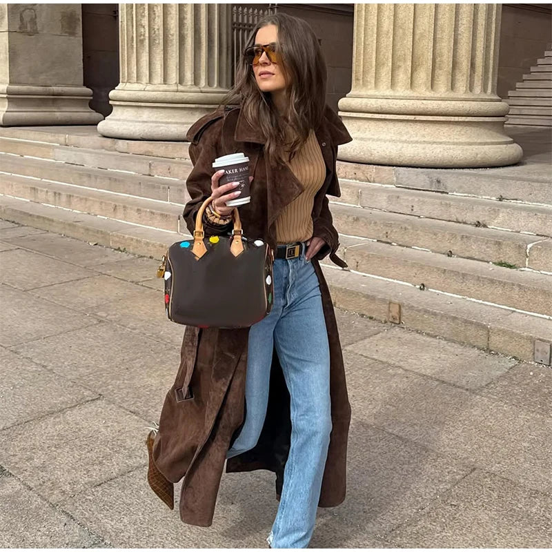 Brown Suede Long Overcoat for Women – Single Breasted Chic Autumn Outerwear