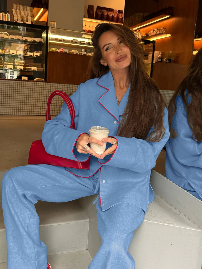 Cotton Blue Pajama Set for Women – Long Sleeve Button-Down Sleepwear with Pants