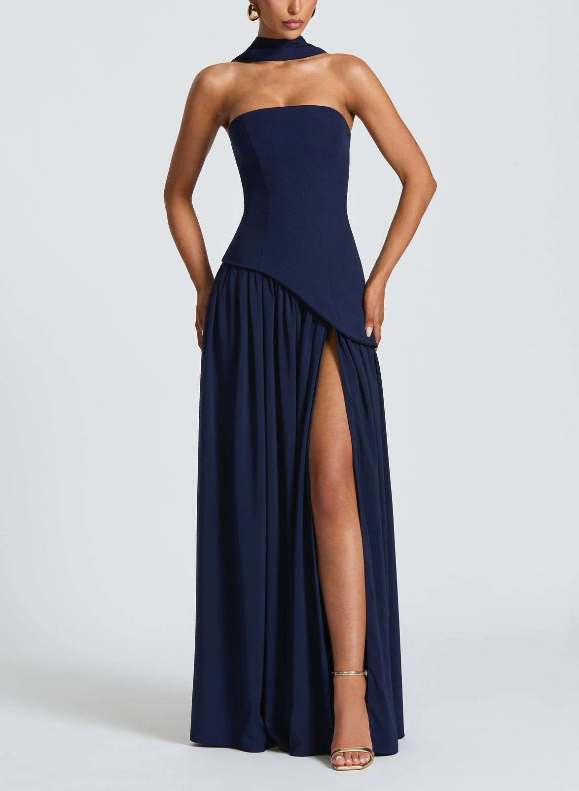 Strapless Pleated Maxi Dress with Scarf Detail and High Slit for Women