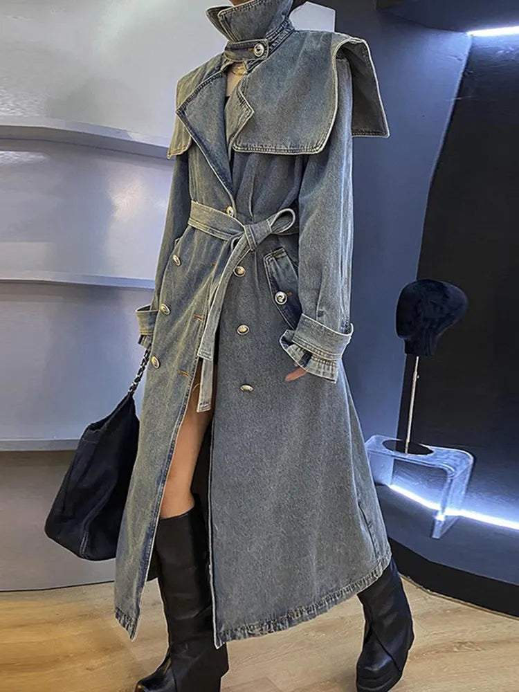 Denim Trench Coat with Belt – Women’s Long Denim Trench Coat