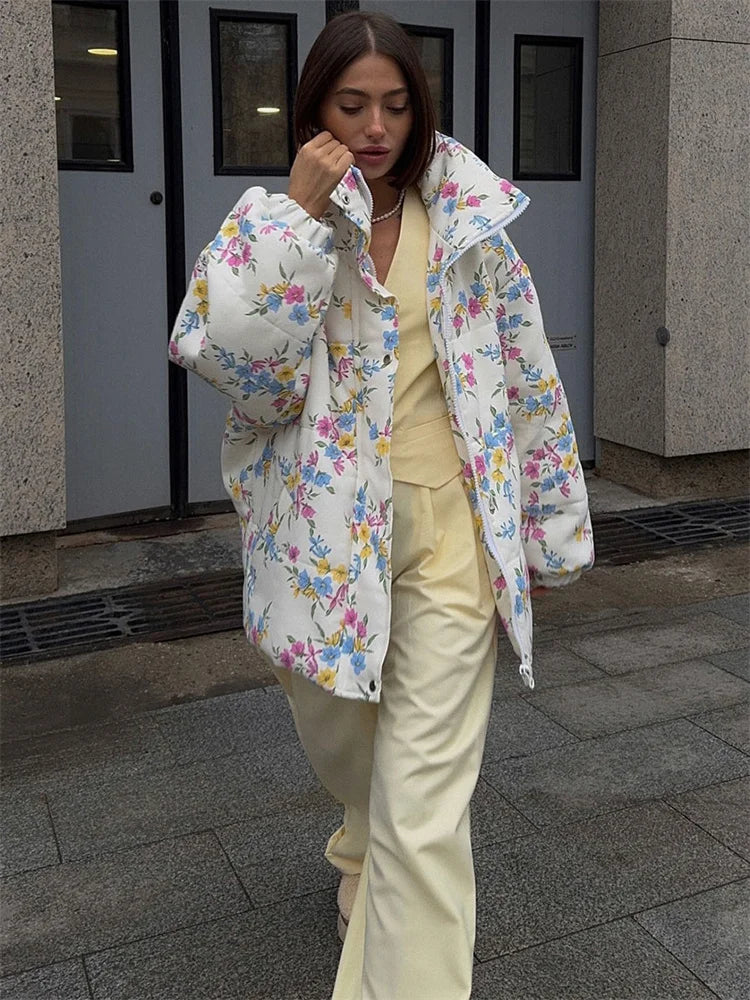 Floral Puffer Jacket with Hood – Women’s Quilted Winter Jacket