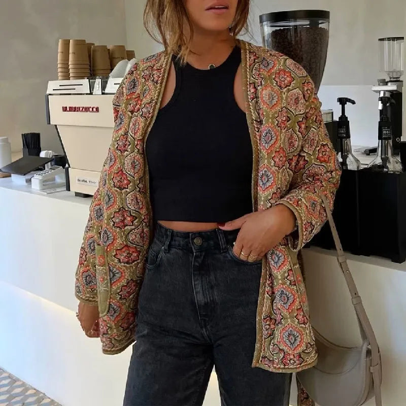 Printed Quilted Jacket with Waist Tie – Women’s Lightweight Statement Jacket
