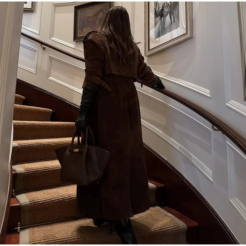 Brown Suede Long Overcoat for Women – Single Breasted Chic Autumn Outerwear